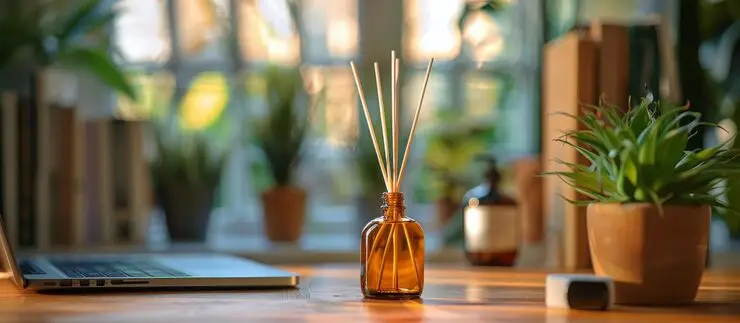 diffuseur-bouteille-verre-brun-batons-bois-bureau-bois-dans-